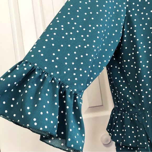 Feminine Teal Green & White Polka Dot Ruffle Trim Mini Dress - Picture 9 of 16